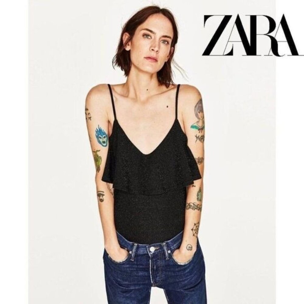Zara Women's Glitter‎ Black Spaghetti Straps Knit Ruffle Layer Bodysuit
